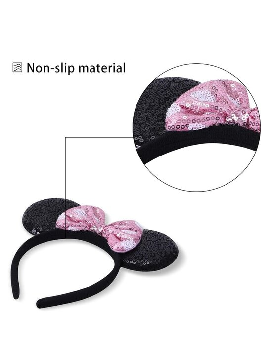 Women Pink Black Sequin Shiny Bows Mickey Mouse 2 Pcs Headband main image 5